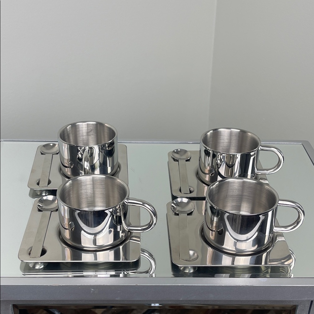 LoveEcru Venice Mirror Coffee Cup Set 5.5oz w/ Saucer & Spoon Luxe Set of 4